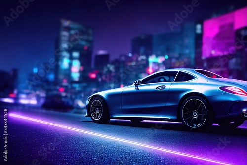 A Mercedes Benz look alike car in a neon night city