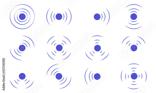Set echo sonar waves. Blue radar symbols on sea and ultrasonic signal reflection. Collection icon detect and scan vibration or water. Round pulsating circle wave system vector illustration concept