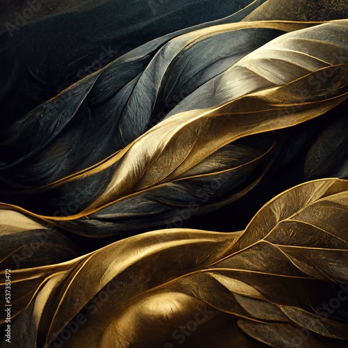  Black and golden streaming fabric. Flowing silky textured cloth. Luxury background. Ai rendering.