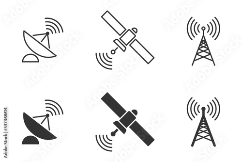 Wireless satellite technology set. Antenna, satelite and satellite dish icons. Vector illustration.