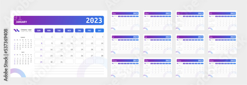 Calendar planner 2023 with creative and trendy gradient color. Monthly 12 month calendar template with side date