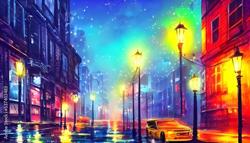 The city street is a calm oasis in the middle of the bustling metropolis. The colorful lights from the streetlamps reflect off of the pavement, creating a serene atmosphere.