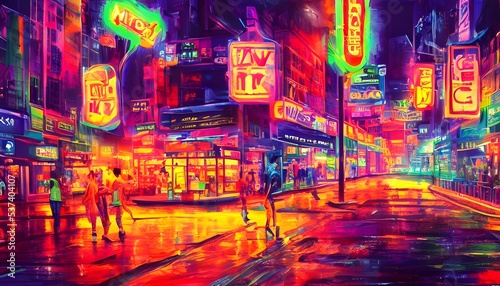 I'm walking down the street at night and I see all these amazing colors from the neon lights. They're so bright and pretty that I can't help but stare at them.