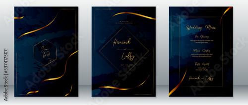 Golden wedding invitation card template luxury design with gold frame and dark navy background