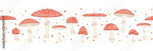 Fly agarics border. Seamless pattern with amanita muscaria. Mushrooms with red cap and mold. Toxic fungi. Hallucinogenic food. Abstract texture on white background. Vector cartoon illustration.