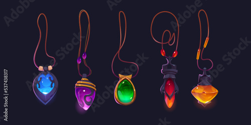 Set of magic amulets on necklace isolated on dark background. Cartoon vector illustration of mysterious gemstone pendants of different shape. Witch or wizard vintage accessory. Game props design