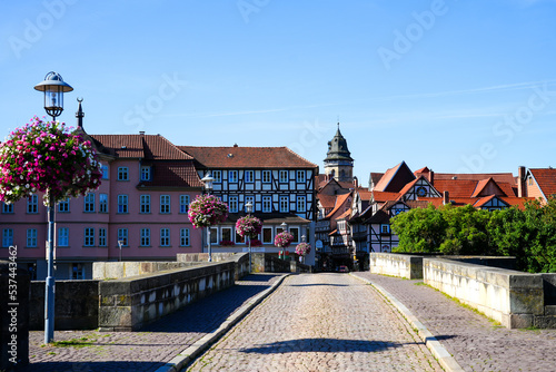 Historical city of Hann. Münden at the Old Werra Bridge. View of historic half-timbered buildings. 
