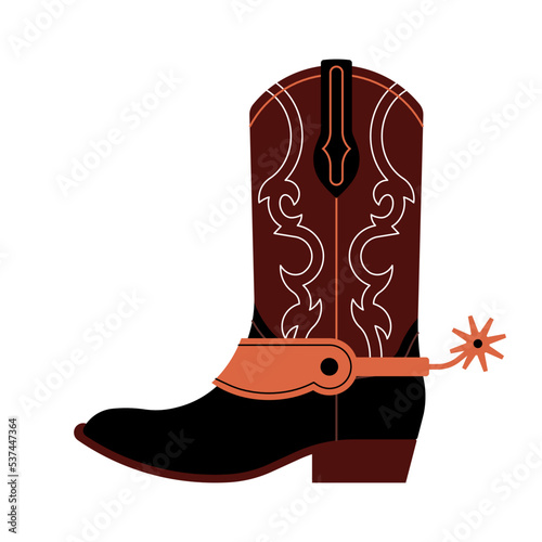 Cowboy boot with spurs. Brown leather footwear with embroidered ornament, metallic spur near heel. Western traditional shoes style. Modern vector illustration in flat style. Editable stroke.
