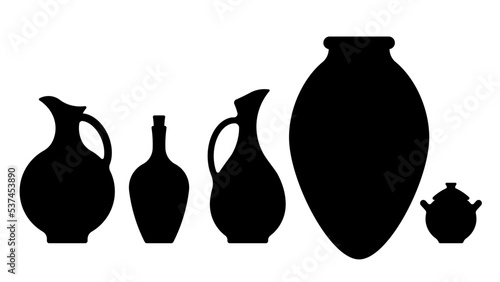 Georgian pottery black silhouette. Old ceramic vase, jar, wine amphora qvevri. Traditional georgian clay pots, jugs and Kvevri vessel. Isolated vector. 