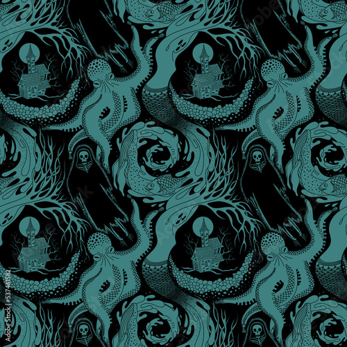 BLACK AND TURQUOISE VECTOR SEAMLESS PATTERN WITH DIFFERENT PHANTASMAGORIC SCARY CREATURES OF THE ANIMAL AND AQUATIC WORLD