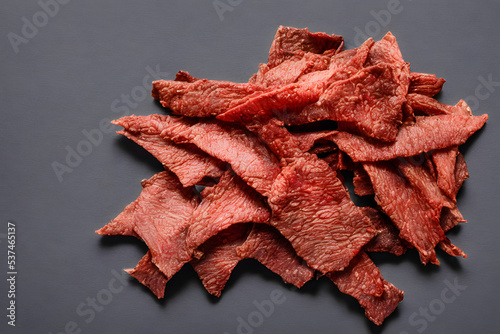 picture of beef jerky, dried meat, a food item with long shelf life