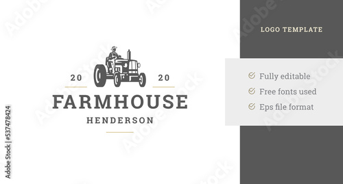 Male farmer riding on agriculture tractor farmhouse vintage logo design template vector illustration