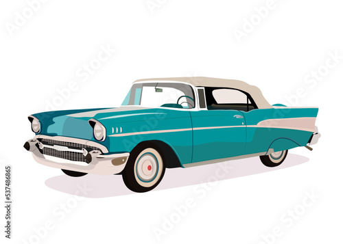 Vitnage classic car isolated on the white background. Vector illustration. Front side view of a light blue car.