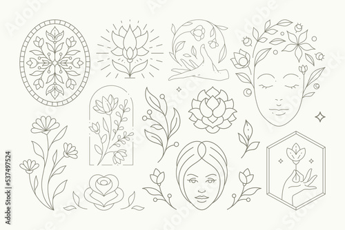 Magic esoteric flower decorative design monochrome simple line art logo set vector illustration