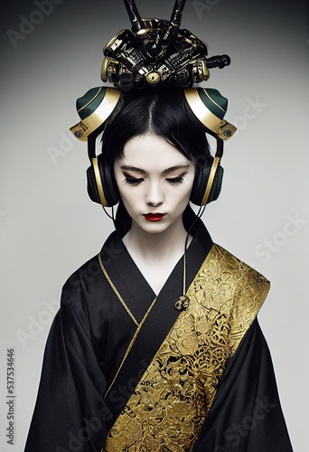 A young beautiful geisha in a kimono and headphones. Portrait of a beautiful geisha in a black and gold kimono. 3D rendering.