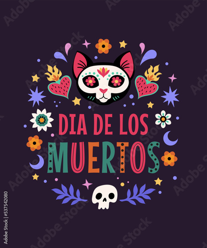 Day Of The Dead greeting card. Vector illustration in flat cartoon style of Mexican traditional festive symbols: skulls, hearts, flowers, and decorative text. Isolated on a dark background
