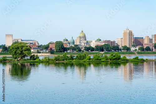 Beautiful cityscape of the Harrisburg with a tranquil lake in the foreground in Pennsylvania