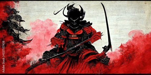 Japanese samurai illustration in japanese ink art, samurai fighting with demons fantasy story