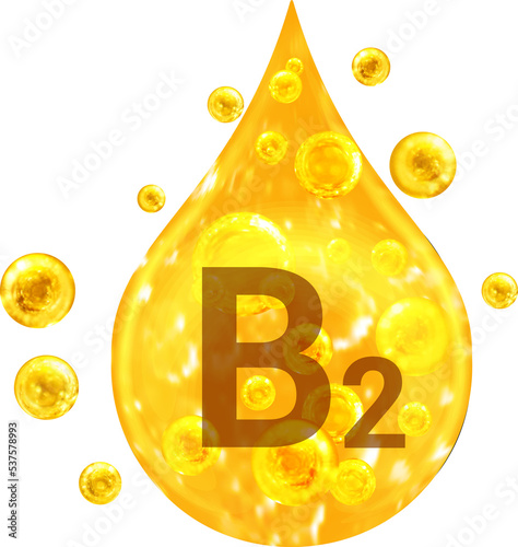 Drop with golden liquid and bubbles. Vitamin B2.