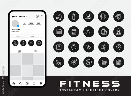 Set of fitness gym sport, yoga and body building icons for instagram story highlight covers