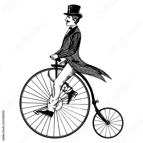 Man on retro vintage old bicycle engraving PNG illustration with transparent background