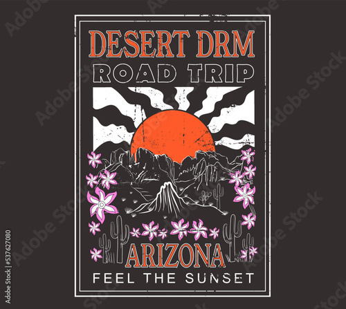 Desert DRM Road Trip, Arizona, Desert Dreaming Arizona, Desert vibes vector graphic print design for apparel, stickers, posters, background and others. Outdoor western vintage artwork. Arizona desert 