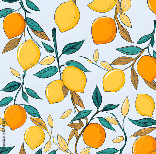 Illustrastion of summer tropical background with lemon and orange fruits and branches for fabric and wallpaper design
