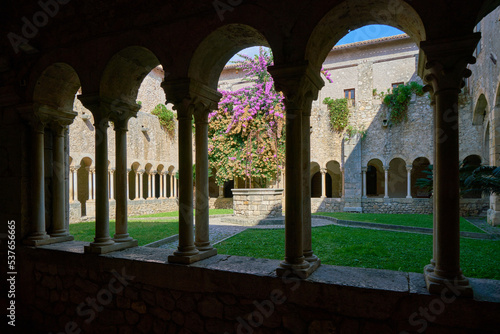 Cloister of Valvisciolo Abbey (Abbazia di Valvisciolo) Romanesque Cistercian styled church near the ancient town of Sermoneta, Lazio, Italy