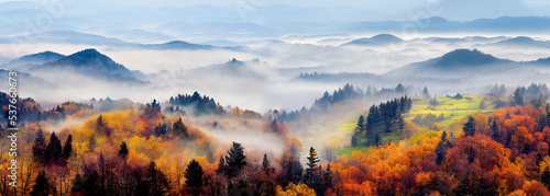 Beautiful panorama of autumn mountains. Morning fog in valley between mountain slopes. wonderful autumn landscape in mountains. 