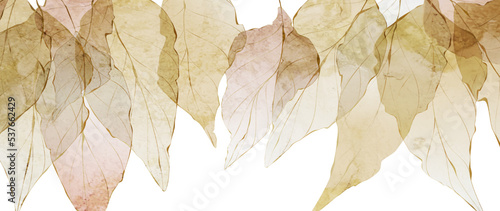 Abstract art background with transparent dry tree leaves in a watercolor style. Botanical banner for wallpaper design, decor, interior design, textile, print.