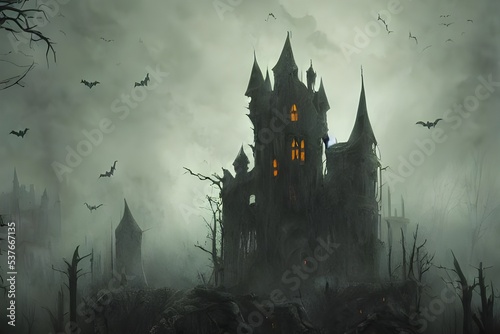 I am standing in front of a large, spooky castle on Halloween night. It is dark and foreboding, and I can hear eerie music emanating from within. There are bats flying around the turrets, and jack-o