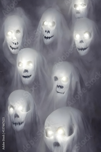 A group of Halloween ghosts are floating in the air. They have long, white sheets draped over their bodies. Their eyes are black and sinister. They look like they're ready to scare anyone who crosses 