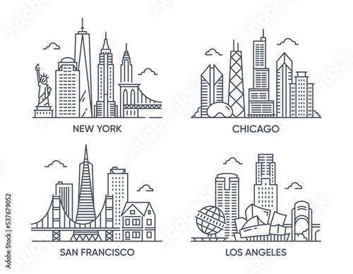 Set of linear icons of USA cities. New York, Chicago, Los Angeles, San Francisco. Sketches of popular cities in United States of America. Cartoon simple vector collection isolated on white background