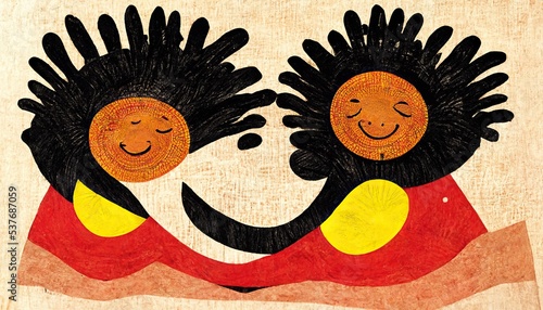Aboriginal Australian children smiling outside, enjoying being outside in the sun and bush, concept digital illustration