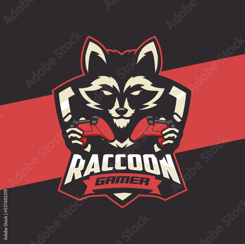raccoon gamer character mascot e-sport logo design with game console