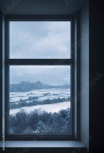 Winter scene from out a window, Snowy view from windowsill