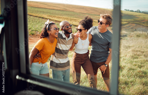Happy, nature and friends on road trip adventure, holiday or vacation together in the countryside. Happiness, diversity and people laugh at comic joke on summer journey or safari walking and talking.