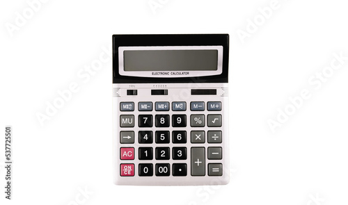 Big silver electronic calculator with gray and black buttons. Large digital object cut from background. Isolated image. Financial tool. Count instrument. Numbers. Top view. Flat lay. Office stationery