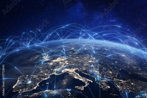 Communication technology with global internet network connected in Europe. Telecommunication and data transfer european connection links. IoT, finance, business, blockchain, security.