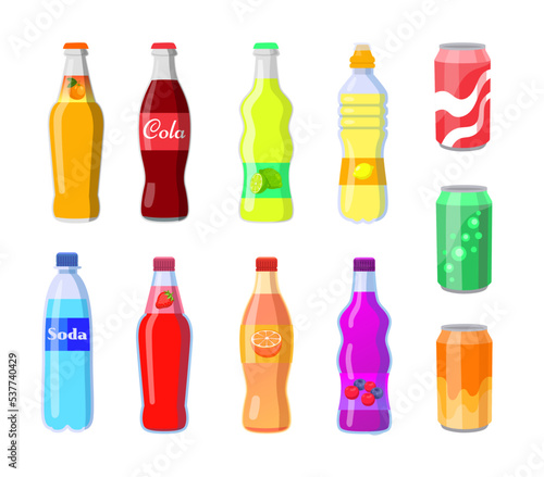 Sodas in glass and plastic bottles or cans set. Vector illustrations of fizzy cold energy drinks. Cartoon various carbonated water and sparkling beverage isolated on white. Refreshment concept