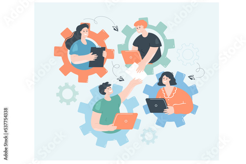 Strong team of employees working together inside gears. Efforts to cooperation of tiny dedicated female and male characters flat vector illustration. Enterprise success, teamwork, development concept