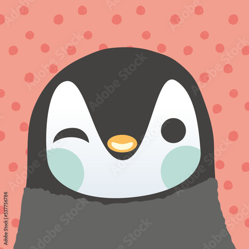 Bébé pingouin fait un clin d’œil et un sourire, petit animal mignon vivant dans le froid de la banquise, dessin simple avec un fond décoré de pois, joyeux et sympathique