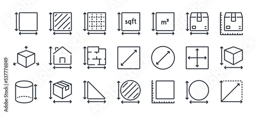 Dimension, area and perimeter measure concept editable stroke outline icons set isolated on white background flat vector illustration. Pixel perfect. 64 x 64.