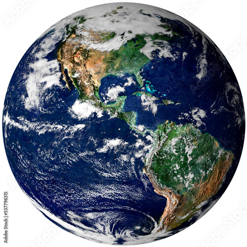 Planet earth globe from space isolated png image, north and south America physical map on a transparent background. Satellite photo. Elements of this image furnished by NASA.