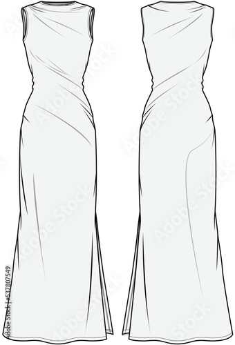 sleeveless maxi side slit party dress, Bridal Dress Front and Back View fashion Illustration, Vector, CAD, Technical Drawing, Flat Drawing.