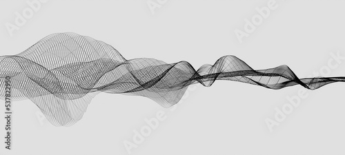 Abstract black wireframe sound waves, visualization of frequency signals audio wavelengths, conceptual futuristic technology waveform background with copy space for text