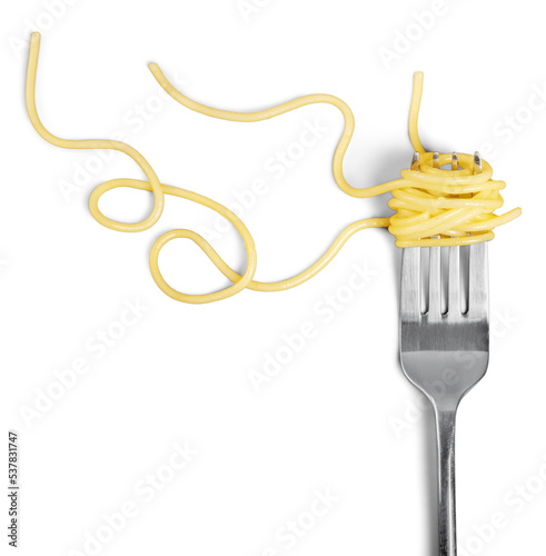 Swirls of cooked spaghetti with fork