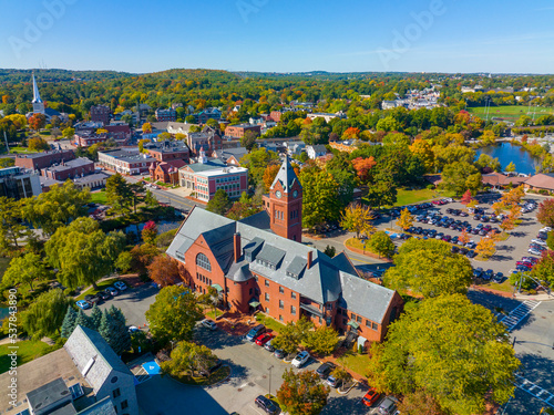 Winchester Town Hall aerial view in fall at Winchester Center Historic District, town of Winchester, Massachusetts MA, USA.