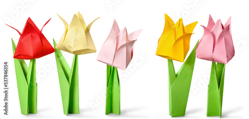 Origami flowers on white background