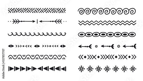 Hand drawn folk motif border, ethnic pattern set. Peru, mexican, aztec drawn border pattern. Boho, indian decoration, arrow element. Vector illustration.